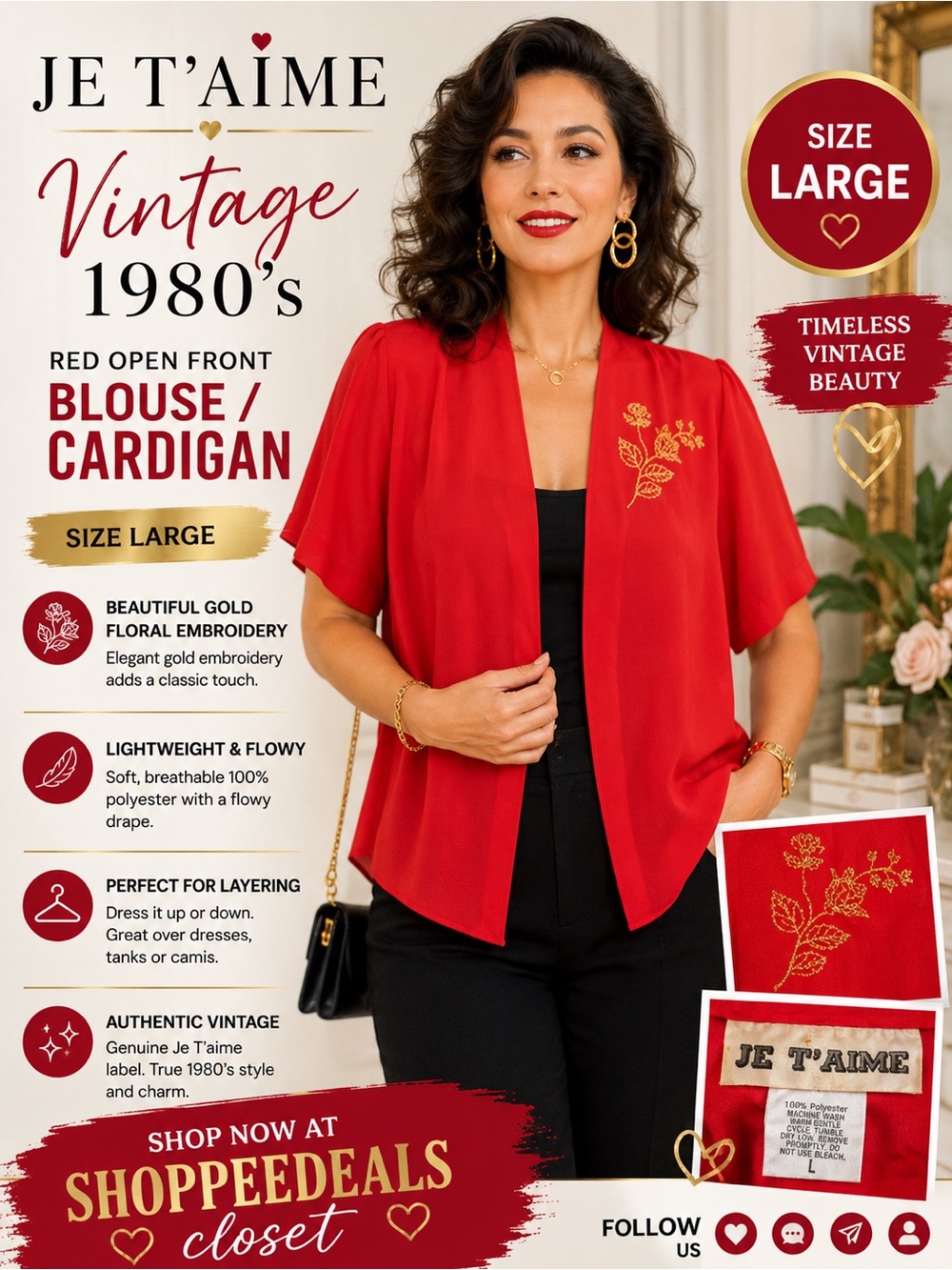 Vintage Je T’aime Red Open Front Blouse Cardigan Gold Floral Embroidery